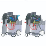 A technical cutaway diagram showing two side-by-side views of a wheeled device, likely a vacuum or cleaning machine, with internal components exposed and colored airflow or fluid lines in red, blue, green, and yellow on a white background.