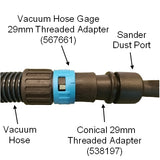 A vacuum hose gage with threaded adapters, shown in a side profile with black text labels pointing to each component on a white background.