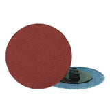 A red-colored 2 inch Rhynolock Aluminum Oxide grinding disc alongside its 'R-Type' screw attachment.