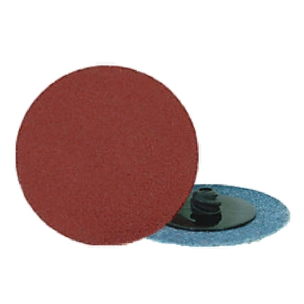 A red-colored 2 inch Rhynolock Aluminum Oxide grinding disc alongside its 'R-Type' screw attachment.