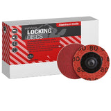 Indasa 2" Rhynolock Aluminum Oxide Locking Discs, R-Type, 7302 Series, image of box and discs showing front and back