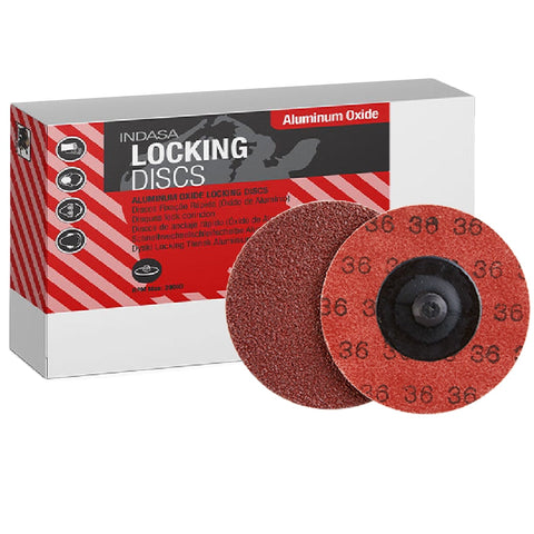 Indasa 3" Rhynolock Aluminum Oxide Locking Discs, R-Type, 7303 Series, image showing box and front and back of discs