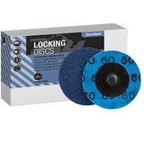Indasa 2" Rhynolock Zirconium Locking Discs, R-Type, 7302Z Series, box packaging and front and back of discs