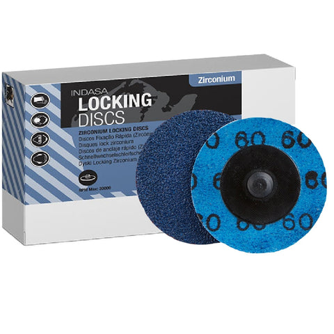 Indasa 2" Rhynolock Zirconium Locking Discs, R-Type, 7302Z Series, box packaging and front and back of discs