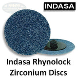 Indasa 2" Rhynolock Zirconium Locking Discs, R-Type, 7302Z Series, image of front and back of discs, Indasa logo and text stating same