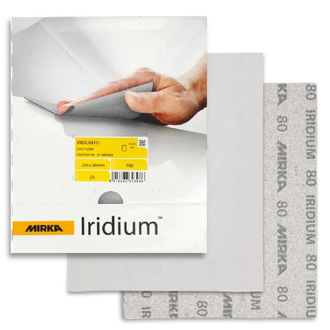 Mirka Iridium HS 9" x 11" Sanding Sheets, 24-101 Series, image of packaging and the front and back of sanding sheet